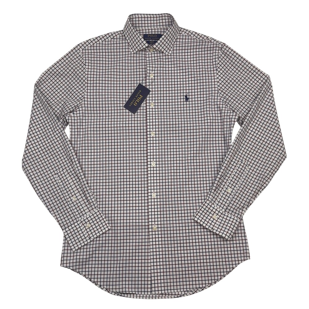 Polo Ralph Lauren Shirt Mens M Navy Burgundy Check Long Sleeve Slim Fit Stretch